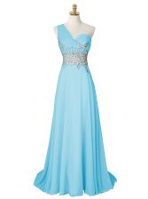 Perfect Brush Train A-line Aqua Blue One Shoulder Chiffon Sleeveless With Train Side Zipper