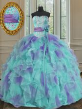 High Quality Beading and Appliques and Ruffles and Sashes ribbons and Hand Made Flower Quince Ball Gowns Multi-color Lace Up Sleeveless Floor Length