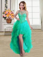 Luxurious Turquoise Lace Up Scoop Beading and Ruffles Dress for Prom Tulle Sleeveless