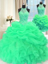 Custom Fit Three Piece Green High-neck Lace Up Beading and Pick Ups Quince Ball Gowns Sleeveless
