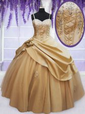  Champagne Sleeveless Beading and Appliques and Hand Made Flower Floor Length 15 Quinceanera Dress