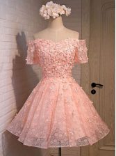  Off the Shoulder Mini Length Peach Prom Dress Lace Sleeveless Appliques