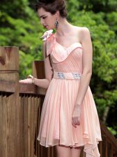 Gorgeous One Shoulder Pink Sleeveless Floor Length Beading Side Zipper Homecoming Dress