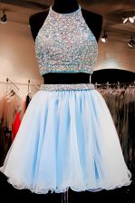 Charming Light Blue Chiffon Backless Halter Top Sleeveless Mini Length Prom Dress Beading