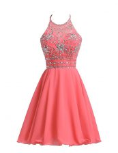 High Class Halter Top Sleeveless Dress for Prom Knee Length Beading Watermelon Red Chiffon