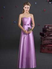 Artistic Lilac Empire Bowknot Dama Dress for Quinceanera Zipper Elastic Woven Satin Sleeveless Floor Length