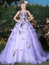 Vintage Scoop Organza Sleeveless Quinceanera Dress Brush Train and Appliques