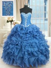 Sweet Organza Sweetheart Sleeveless Lace Up Beading and Ruffles Quinceanera Gown in Baby Blue