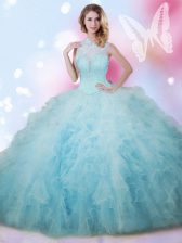 Exquisite High-neck Sleeveless Sweet 16 Quinceanera Dress Floor Length Beading and Ruffles Baby Blue Tulle