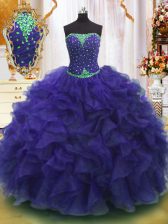  Sleeveless Floor Length Beading and Ruffles Lace Up Sweet 16 Dresses with Purple