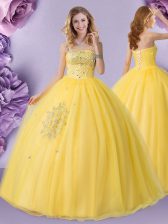  Gold Tulle Lace Up Strapless Sleeveless Floor Length 15th Birthday Dress Beading