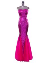  Sequins Floor Length Mermaid Sleeveless Fuchsia Dress for Prom Zipper