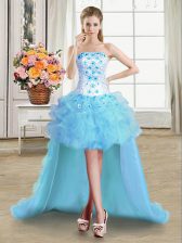  Light Blue Ball Gowns Strapless Sleeveless Tulle High Low Lace Up Beading and Appliques and Ruffles Prom Evening Gown