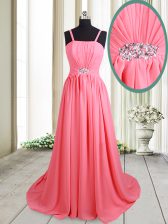 Comfortable Pink Lace Up Straps Beading Chiffon Sleeveless Brush Train