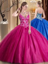 Decent Floor Length Lace Up Sweet 16 Dress Hot Pink for Military Ball and Sweet 16 and Quinceanera with Beading and Appliques