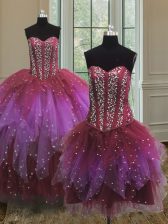  Three Piece Sweetheart Sleeveless Vestidos de Quinceanera Floor Length Beading Multi-color Tulle