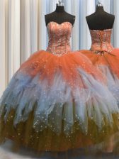 Simple Visible Boning Floor Length Lace Up Quinceanera Gowns Multi-color for Military Ball and Sweet 16 and Quinceanera with Beading and Ruffles and Sequins
