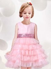  Baby Pink Tulle Zipper Scoop Sleeveless Mini Length Flower Girl Dresses Ruffled Layers and Sequins and Bowknot
