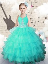  Turquoise Little Girls Pageant Dress Wholesale Party and Wedding Party with Beading and Ruffled Layers Halter Top Sleeveless Lace Up