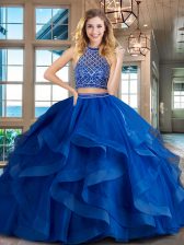  Halter Top Backless Royal Blue Sleeveless Brush Train Beading and Ruffles Quinceanera Dresses