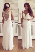 White V-neck Neckline Beading and Belt Prom Gown Sleeveless Zipper