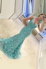 Adorable Mermaid Turquoise Prom Dresses Prom with Appliques Straps Sleeveless Sweep Train Zipper