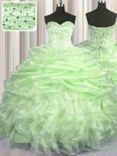  Yellow Green Lace Up Quinceanera Dress Beading and Ruffles and Pick Ups Sleeveless With Brush Train