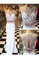  Scoop White Sleeveless Floor Length Beading and Appliques Zipper Prom Dresses