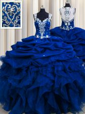 Luxurious Zipple Up See Through Back Organza Straps Sleeveless Zipper Beading and Ruffles and Sequins and Pick Ups Ball Gown Prom Dress in Royal Blue