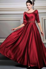 Shining Zipper Evening Dress Red for Prom and Party with Beading and Belt Brush Train