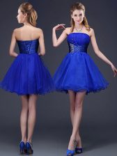 Hot Sale Royal Blue Organza Lace Up Strapless Sleeveless Mini Length Dama Dress Beading and Ruching