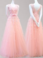 High End Baby Pink Sleeveless Floor Length Appliques and Bowknot Lace Up Dress for Prom