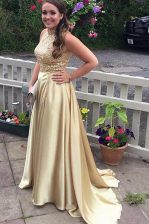 Elegant Sleeveless Dress for Prom With Train Sweep Train Beading Champagne Satin