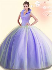  Backless Lavender Sleeveless Beading Floor Length Quinceanera Dress