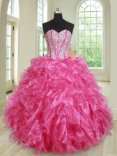 Amazing Hot Pink Lace Up 15th Birthday Dress Beading and Ruffles Sleeveless Floor Length