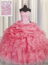  Coral Red Sleeveless Floor Length Beading and Ruffles Lace Up Quinceanera Gown