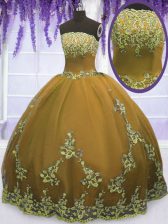 New Style Brown Tulle Zipper Strapless Sleeveless Floor Length Sweet 16 Quinceanera Dress Appliques