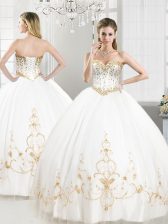 Modern White Sleeveless Floor Length Beading and Appliques Lace Up Quinceanera Gowns
