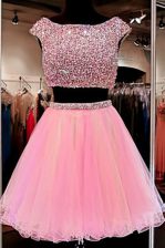 Charming Pink Cap Sleeves Mini Length Beading Zipper Dress for Prom