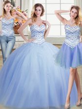  Three Piece Beading Vestidos de Quinceanera Lavender Lace Up Sleeveless Floor Length