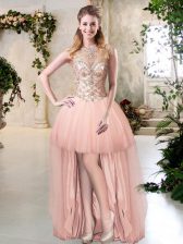 Amazing Scoop High Low Zipper Prom Gown Peach for Prom with Beading