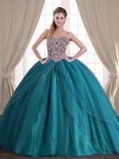Beauteous Teal Sweetheart Lace Up Beading 15 Quinceanera Dress Brush Train Sleeveless