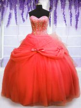 Stylish Coral Red Ball Gowns Tulle Sweetheart Sleeveless Beading and Bowknot Floor Length Lace Up Quinceanera Gown