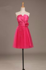 Attractive Coral Red A-line Strapless Sleeveless Satin and Tulle Knee Length Lace Up Beading and Hand Made Flower Dress for Prom