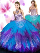 Admirable Multi-color Lace Up 15th Birthday Dress Beading and Ruffled Layers Sleeveless Floor Length