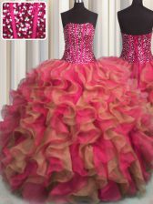  Visible Boning Beaded Bodice Floor Length Multi-color Quinceanera Gown Strapless Sleeveless Lace Up