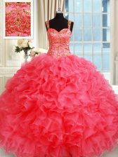  Straps Coral Red Sleeveless Beading and Ruffles Floor Length Quince Ball Gowns