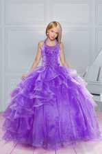  Lavender Little Girl Pageant Dress Party and Wedding Party with Beading and Ruffles Halter Top Sleeveless Lace Up