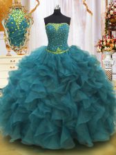  Teal Lace Up Quinceanera Gowns Beading and Ruffles Sleeveless Floor Length