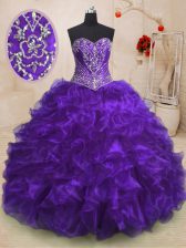  Purple Ball Gowns Beading and Ruffles Quinceanera Gowns Lace Up Organza Sleeveless With Train